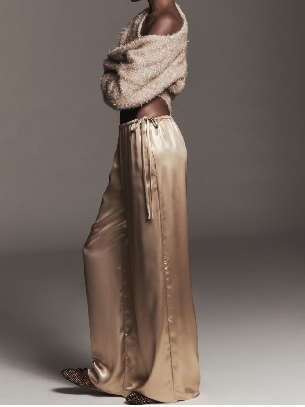 Maeve Satin Wide-Leg Pants in Gold
